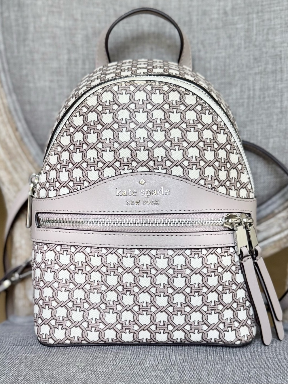 Kate Spade Beige Link Mini Backpack with Taupe Leather Retail $278